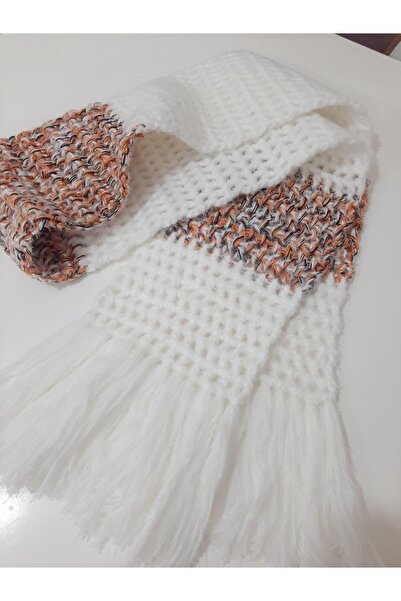 zümal tekstil tasarım Χειροποίητο πλεκτό κασκόλ (Εκρού-Πλακάκι)