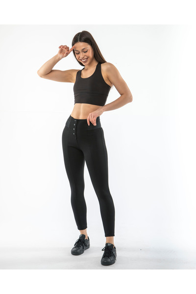 İNCEBELLİ Puantenemo Önü Düğmeli Tayt Siyah