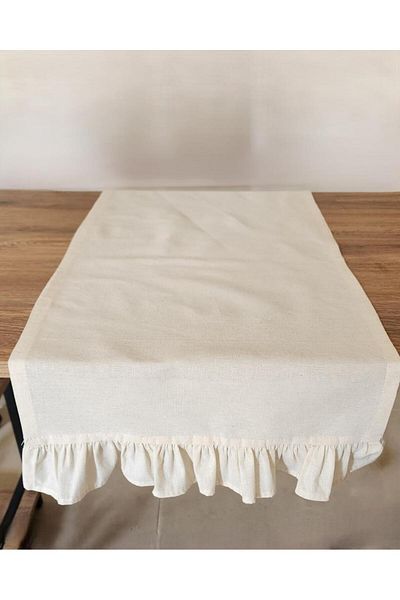 ALTINPAMUK Vintage Beige Raw Linen Runner - 2-Edge Ruffles, 40x110 Drape