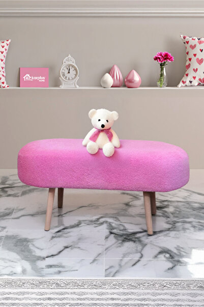 YAPKAR Retro Ahşap Ayaklı Geniş Oturum Alanlı Oval Bench Puf Pembe Teddy