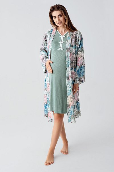 Artış Long Sleeve Patterned Viscose Maternity Dressing Gown Nightgown Set