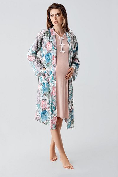 Artış Long Sleeve Patterned Viscose Maternity Dressing Gown Nightgown Set