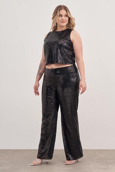 MYLİNE Elastic Waist Lined Sequined Trousers