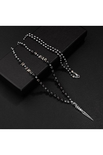 OSMANLI DOĞAL TAŞ Shungit-hematite Natural Stone Men's Silver Design Necklace