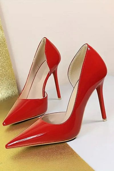 TrendyAnka Women's Red Patent Leather 8cm Thin Transparent Cover Heeled Stiletto Shoes