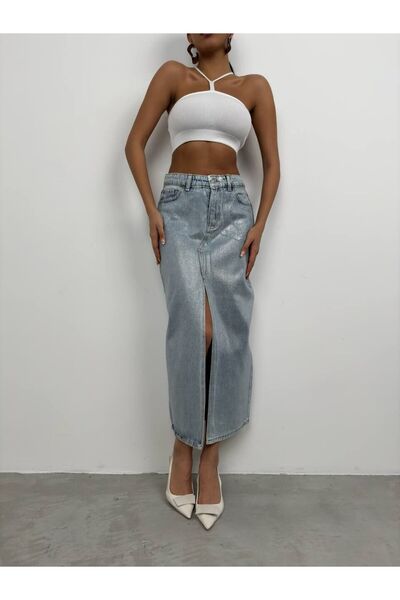 Black Fashion Varak Baskılı Yırtmaçlı Maxi Denim