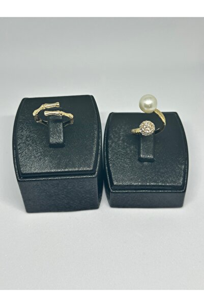 Eslem Aksesuar gold altın ikili yüzük bambu ve top taşlı incili yüzük ayarlan...