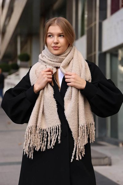 REMSA 40X210 cm 1257 Model Mink Tasseled Boucle Scarf Shawl
