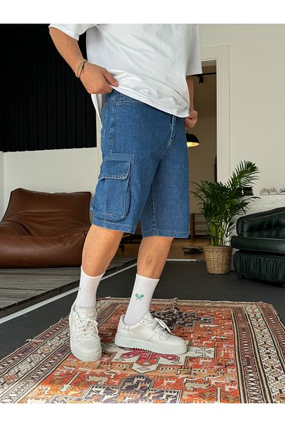 BYBASICMAN Dark Blue Cargo Pocket Denim Shorts Rc-4386