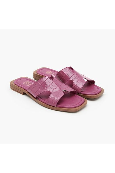 Desa Women's Fuchsia Crocodile Printed Leather Slippers