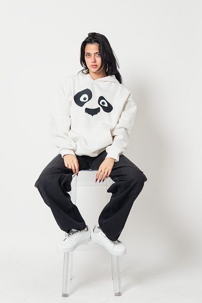 Bak Moda Kungfu Pand Printed Oversize Unisex Premium White Hoodie