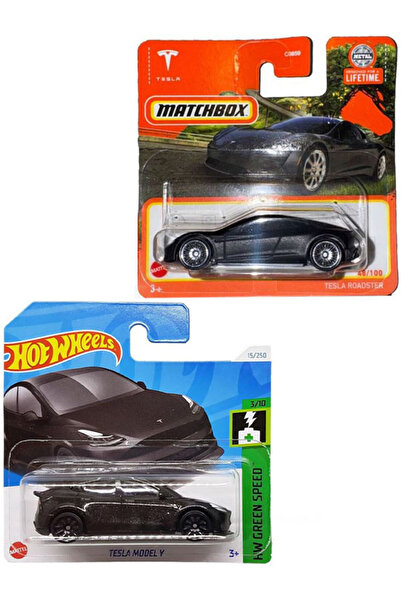HOT WHEELS Tesla 2 Araç Set - Hot Wheels Tesla Model Y (Siyah) & Matchbox Tesla Roadster (Mat Siyah) (1:64)