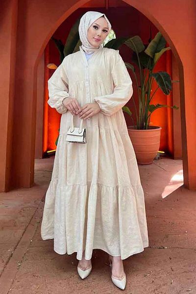 N.S NEVA STYLE Πτυχωτό Μπεζ Φόρεμα Hijab 10002BEJ