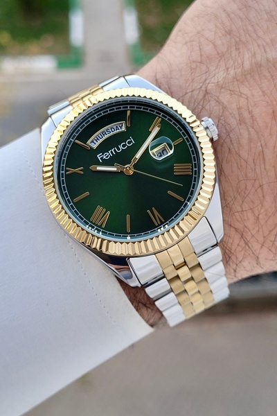Ferrucci ساعة يد رجالية بمينا أخضر اللون ذهبي وفضي مقاس 40 ملم