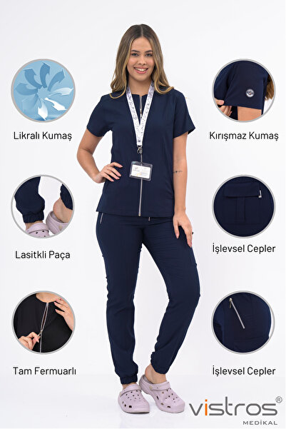 Vistros Medikal Premium Kumaş Tam Fermuarli Çok Cep Detaylı Likralı Scrubs He...