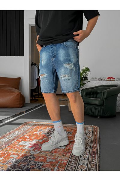 BYBASICMAN Blue Grinding Pattern Ripped Denim Shorts Ke-485