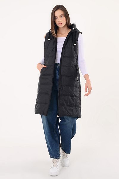 polle Women's Hooded Long Puffer Vest - Black