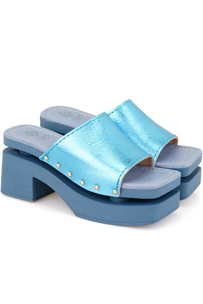 Desa Women's Blue Heeled Leather Slippers