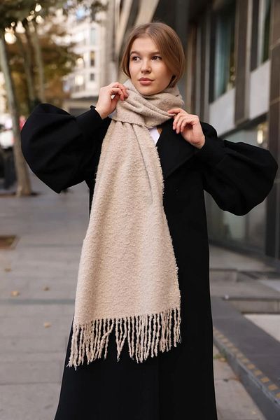REMSA 40X210 cm 1257 Model Mink Tasseled Boucle Scarf Shawl