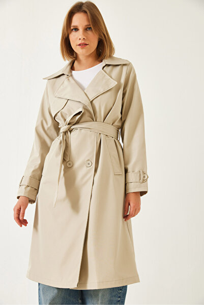 Bianco Lucci Women's Double Breasted Neckline Belted Trench Coat with Pockets 5918 60261067