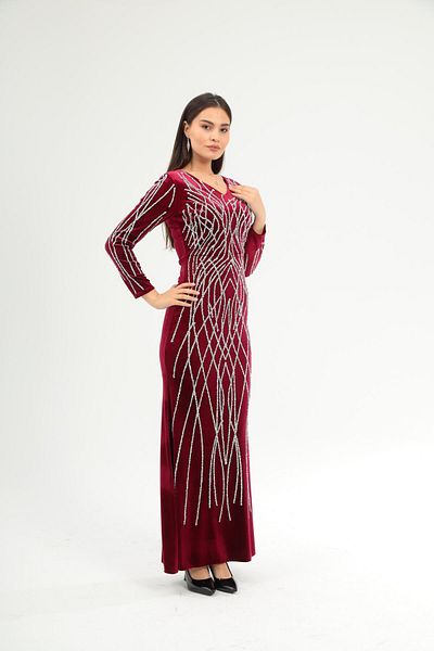 Aperla Long Sleeve Velvet Fabric Evening Fish Dress with Stone Accessories