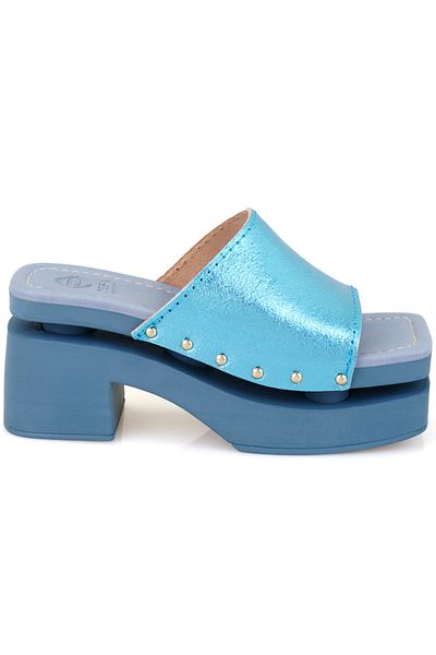 Desa Women's Blue Heeled Leather Slippers