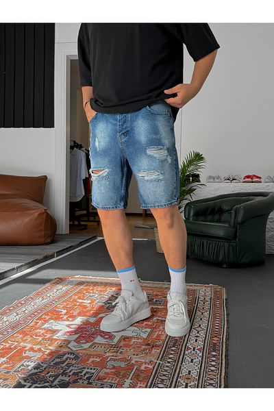 BYBASICMAN Blue Grinding Pattern Ripped Denim Shorts Ke-485
