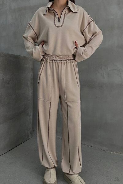 Ortaya Çık Beige Reverse Stitching Detailed Tracksuit