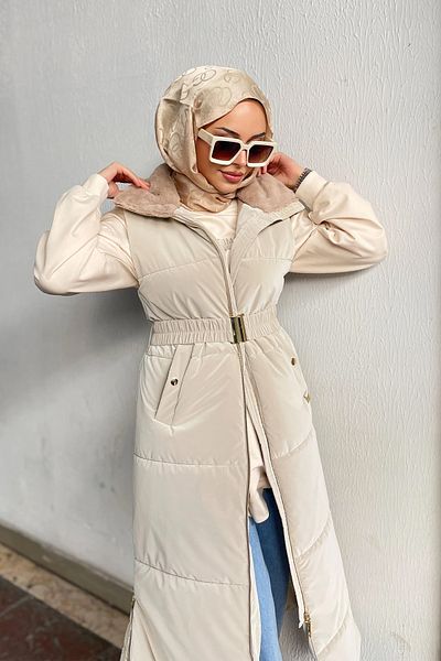 Minel Women's Beige Long Belted Vest