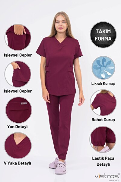 Vistros Medikal Doktor Hemşire Forması Likralı Kumaş Bordo Medikal Forma Cerr...