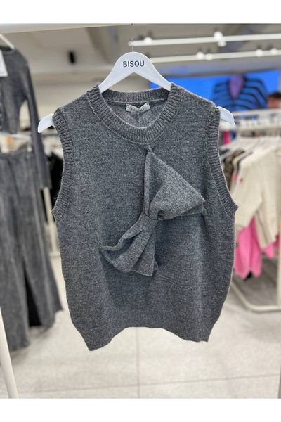 OYERGA MODA Women's Bow Detail Gray Sweater