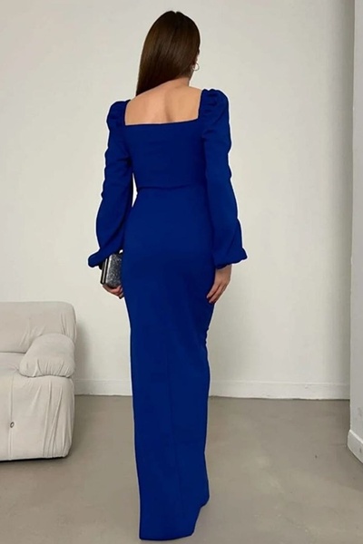 barış sülün lovebox Kadın Esnek Krep Kumaş Kalp Yaka Yırtmaç Detay Maxi Saks Mavi Balık Abiye Elbise 582732