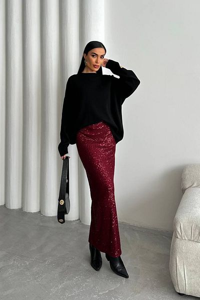 Ortaya Çık Fusta lungă cu paiete bordeaux