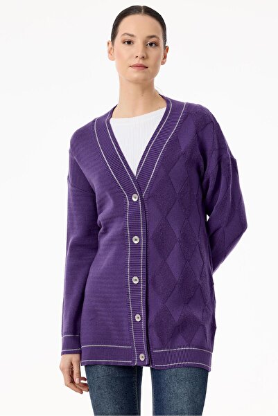 Tığ Triko Baklava Deseni Havlu Örgülü Triko Hırka MOR