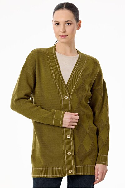 Tığ Triko Baklava Deseni Havlu Örgülü Triko Hırka OLİVE