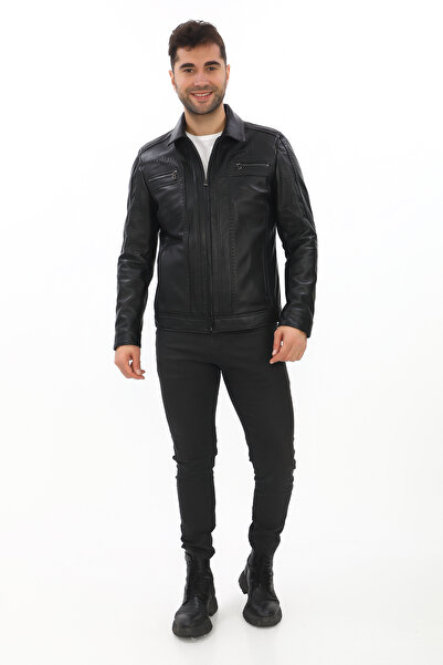 db deriburada original Erkek Siyah Puntolu Hakiki Deri Mont