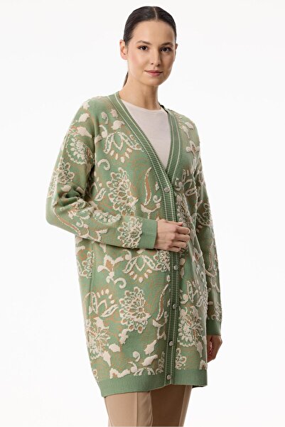 Tığ Triko Çiçek Desenli Kabartmalı Triko Hırka ÇAĞLA YEŞİL