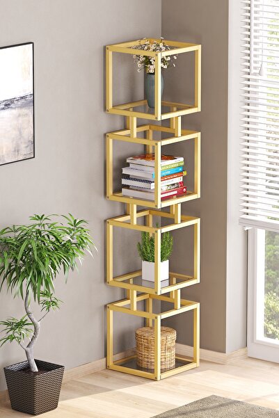 TOLIAHOME Gold Renk 4 Katlı Temper Camlı Metal Iskeletli Raflı Kitaplık Akses...