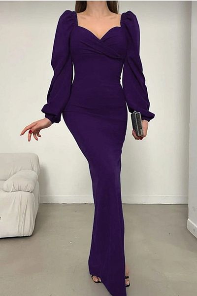 bayansepeti Rochie maxi model de pește, mov, elastică, din țesătură creponată, decolteu cu inimă 582732