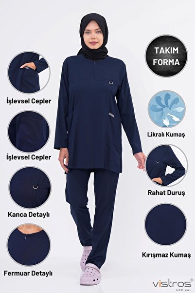 Vistros Medikal Tesettür Lüks Likralı Medikal Üniforma Lacivert Doktor ve Hem...