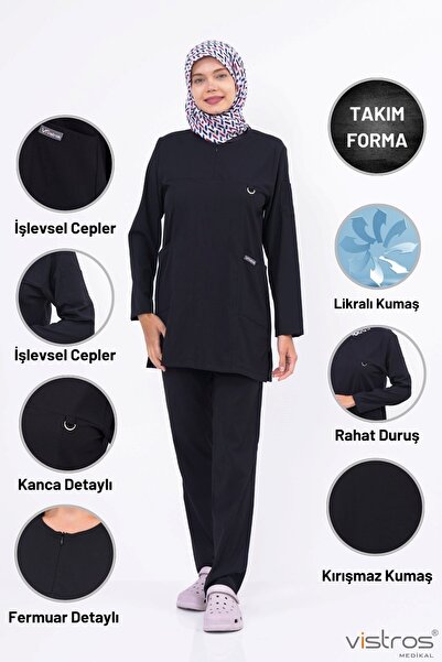 Vistros Medikal Tesettür Lüks Likralı Medikal Üniforma Siyah Doktor Ve Hemşire Forması Cerrahi Fermuarlı Takım V-016