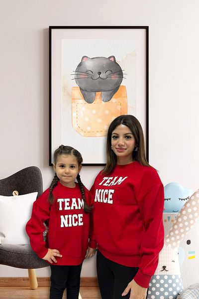 Kübra Tekstil Red Nice Printed Girl/Boy Christmas Sweatshirt/Mom-Daughter Combination/Christmas Sweatshirt