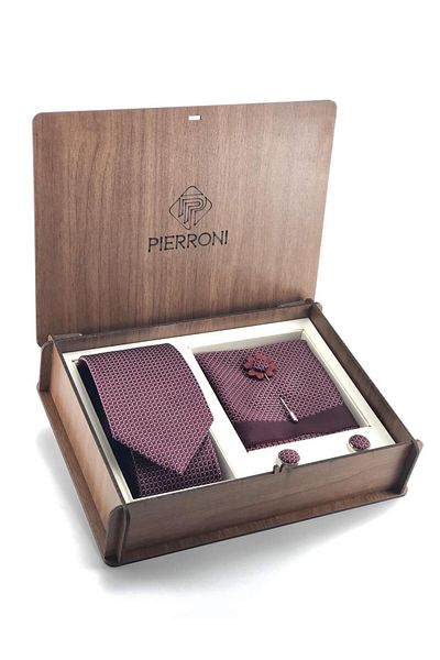 PİERRONİ طقم ربطة عنق باللون العنابي مكون من 4 قطع مع صندوق خشبي خاص