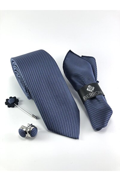 PİERRONİ Mavi Kravat 4 Lü Özel Hediye Seti