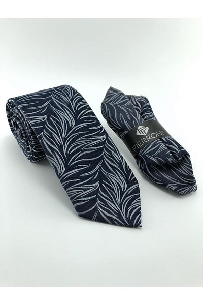 PİERRONİ Navy Blue Gray Patterned Handkerchief Tie
