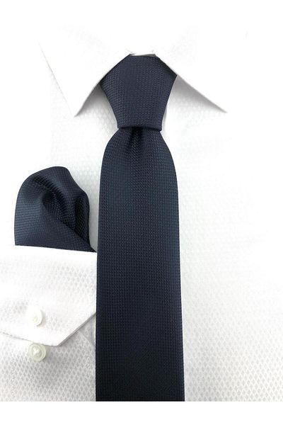 PİERRONİ Dark Navy Blue Oxford Pattern Handkerchief Tie