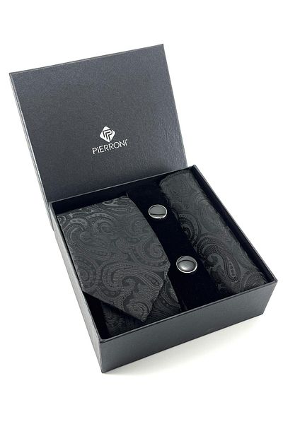 PİERRONİ Black Shawl Pattern Tie Handkerchief Cufflinks Custom Set