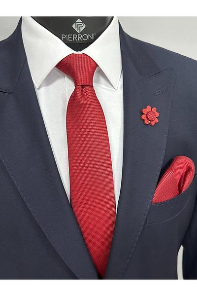PİERRONİ Red Tie Handkerchief Collar Flower Combination Set