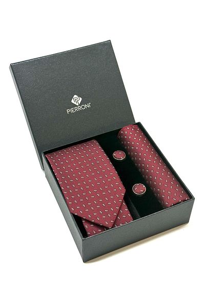PİERRONİ Burgundy White Patterned Tie Handkerchief Cufflinks Special Set