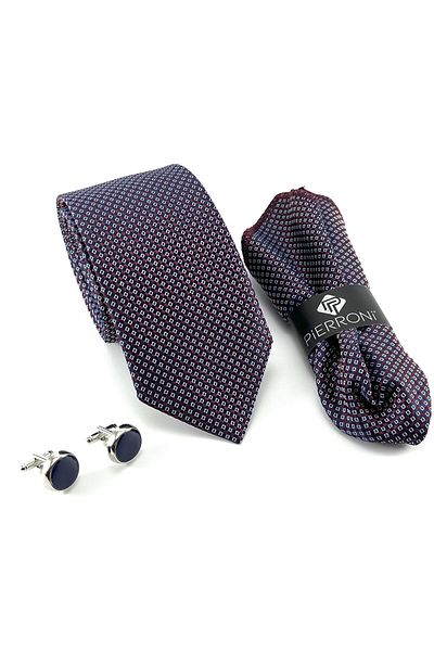 PİERRONİ Navy Blue Burgundy Tie Handkerchief Cufflinks Special Set